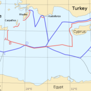 Map of the Eastern Mediterranean with conflicting delimitations of Exclusive Economic Zone and Continental Shelf areas