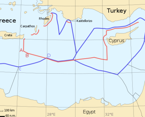 Map of the Eastern Mediterranean with conflicting delimitations of Exclusive Economic Zone and Continental Shelf areas