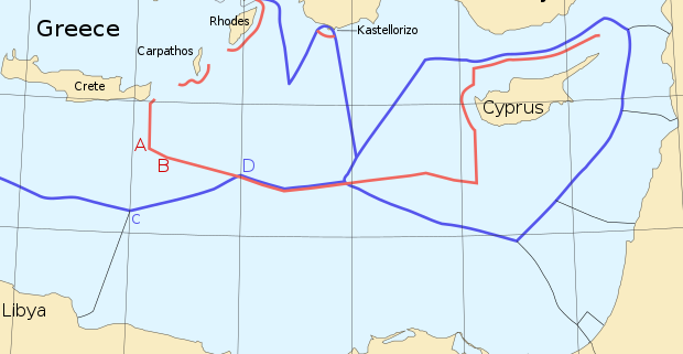 Map of the Eastern Mediterranean with conflicting delimitations of Exclusive Economic Zone and Continental Shelf areas