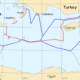 Map of the Eastern Mediterranean with conflicting delimitations of Exclusive Economic Zone and Continental Shelf areas